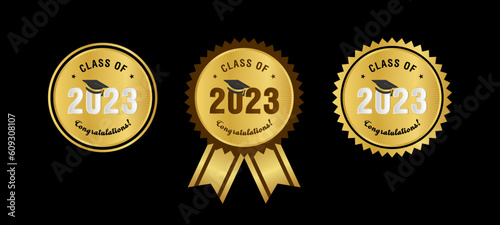 Class of 2023 congratulations graduation award emblem design template. Gold mortarboard icon with class of 2023 vector in black background