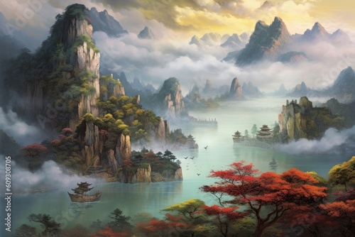 Chinese landscape in with a fairy garden  ink landscape painting created digitally Generative AI