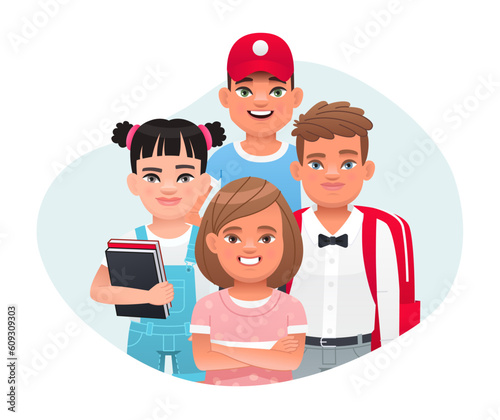 A group of schoolchildren, young professionals or a creative group. A team of successful happy children. Teamwork.