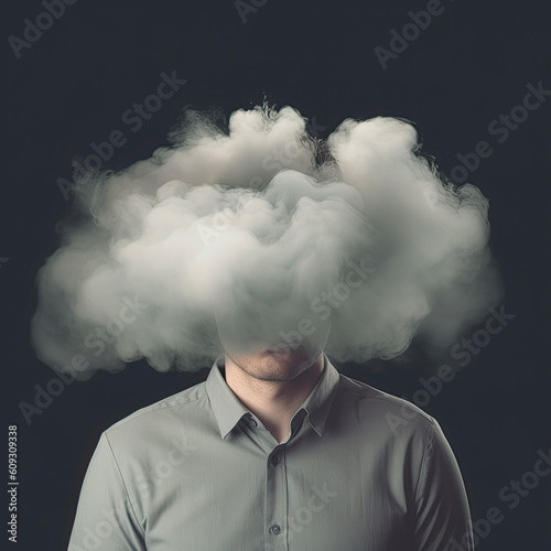 Man with cloud covering his face. confusion concept. Generative AI