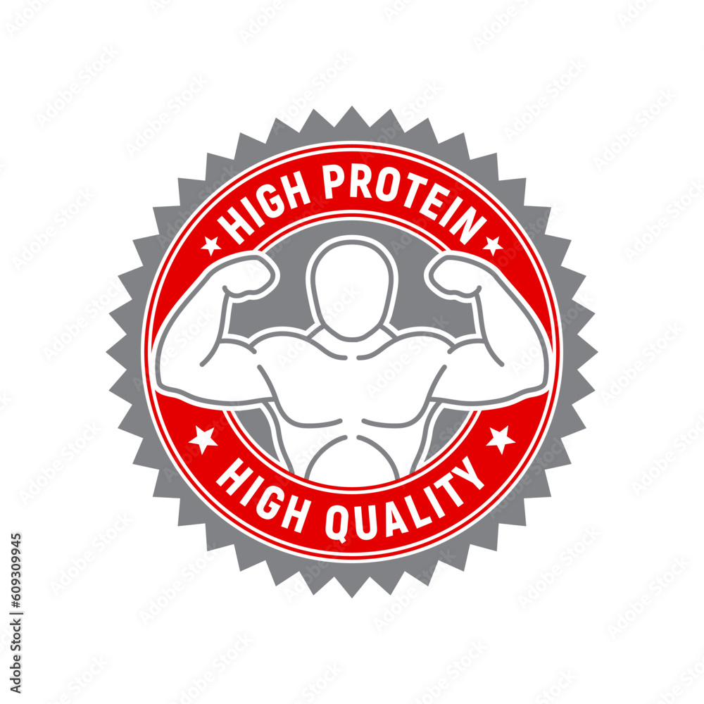 Badge of high protein. Red and gray high quality rubber stamp. Design elements for labels, stickers, banners, posters for food and health business. Vector illustration.