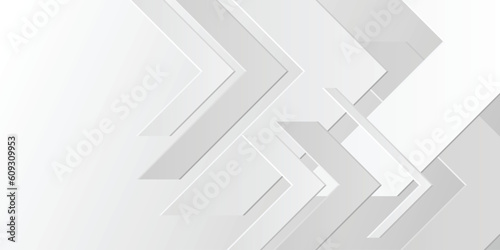Multi-layer white arrowhead-shaped cut-out paper. Gray gradient abstract background. Design element for template, card, cover, banner, poster, backdrop, wall. Vector illustration.
