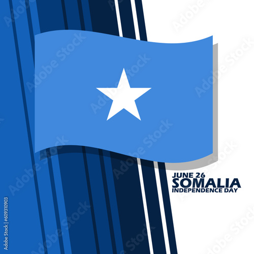 Somali flag with abstract stripes and bold text on white background to commemorate Somalia Independence Day on June 26
