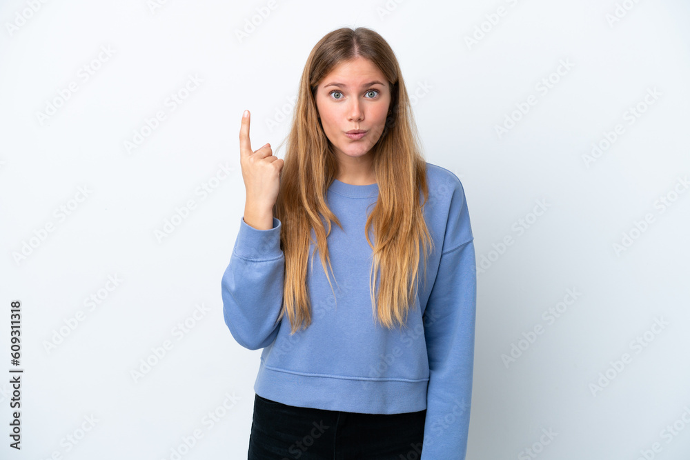 Young blonde woman isolated on white background intending to realizes the solution while lifting a finger up Young blonde woman isolated on white background intending to realizes the solution while lifting a finger up
