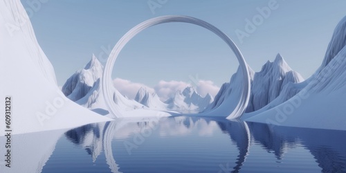 3d render. Abstract surreal seascape background with rocky mountains and mirror arches. Fantastic landscape wallpaper, Generative AI