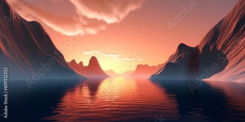 3d render, unusual landscape with cliffs and water. Abstract fantastic background. Spiritual zen wallpaper illuminated with sunset or sunrise light, Generative AI
