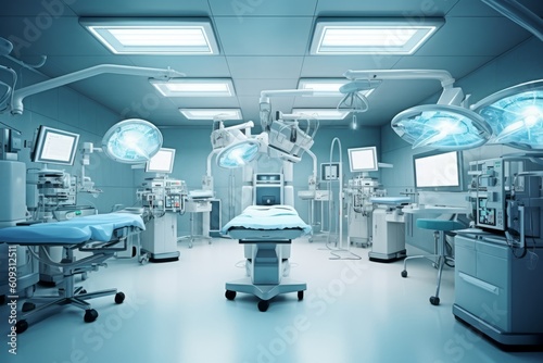 Well-equipped operating room with surgical instruments, monitors, and a sterile environment, conveying a sense of professionalism and expertise. Generative AI