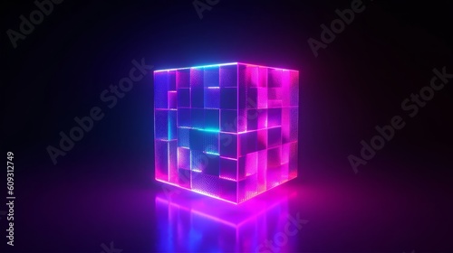 3d render, abstract background with cubic box and bright neon light. Performance stage decoration glowing in ultraviolet light, Generative AI
