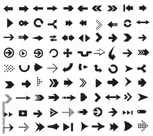 Collection of vector arrows. Dark hollow arrows.