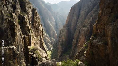 Steep canyon with jagged rocky cliffs rising on both sides of the narrow winding river. AI generated