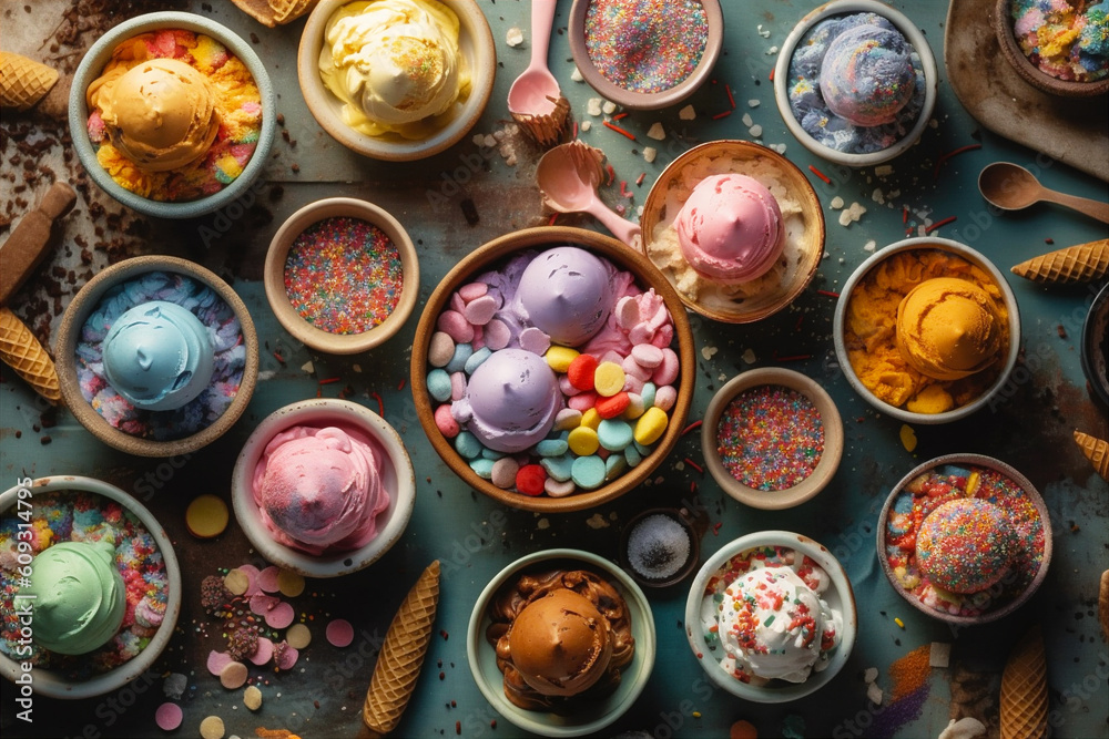 Flat lay, top view background of various flavors of ice cream in pastel colors. AI generated. Flat lay, top view background of various flavors of ice cream in pastel colors. AI generated.