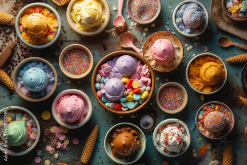 Flat lay, top view background of various flavors of ice cream in pastel colors. AI generated.