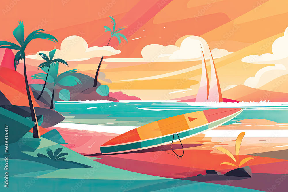 Fototapeta premium Illustration of a beach with an umbrella and surfboards at sunset