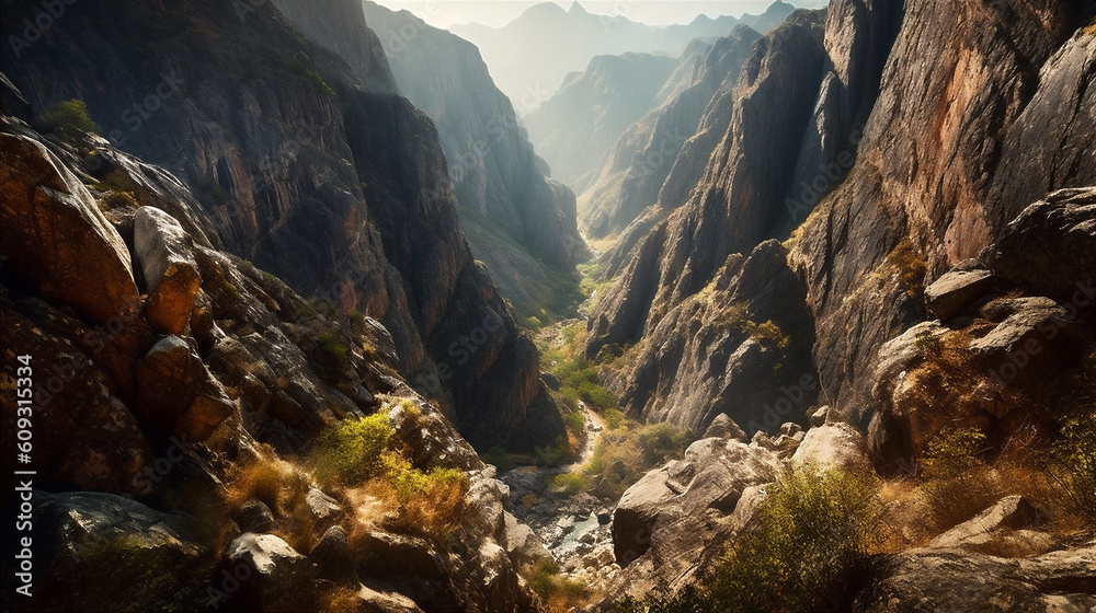 Steep canyon with jagged rocky cliffs rising on both sides of the narrow winding river. AI generated - obrazy, fototapety, plakaty 