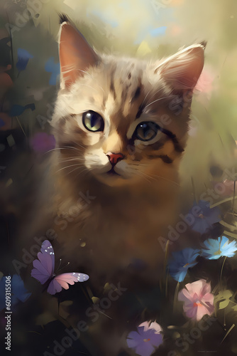 Portrait of a cute kitten sitting in flowers. Imitation oil painting.