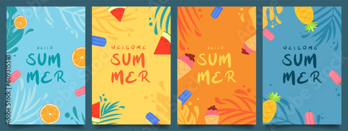 set simple flat vertical summer splash design with leaf, ice cream, watermelon, pineapple and lemon background vector illustration EPS10
