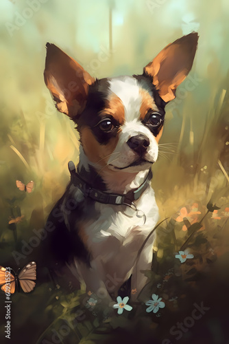 Portrait of a cute puppy sitting in flowers. Imitation oil painting.