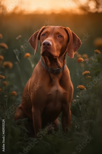 Hungarian vizsla in a field at sunset