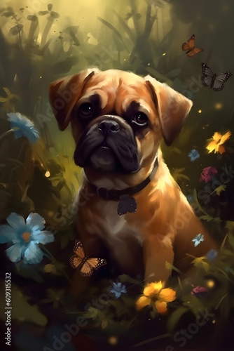Portrait of a cute puppy sitting in flowers. Imitation oil painting.