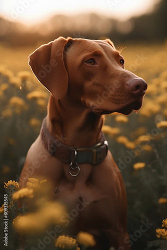 Hungarian vizsla in a field at sunset	