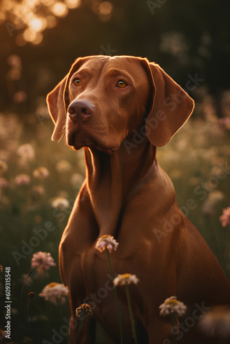 Hungarian vizsla in a field at sunset