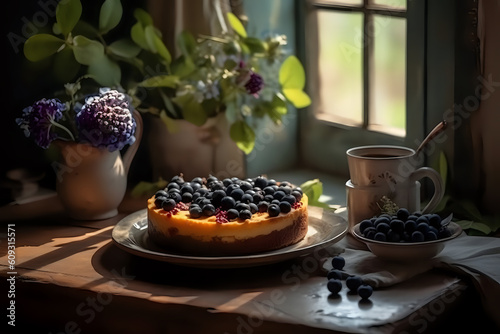 Cheesecake with blueberries, blueberries, on the table near the window, against the background of flowers.