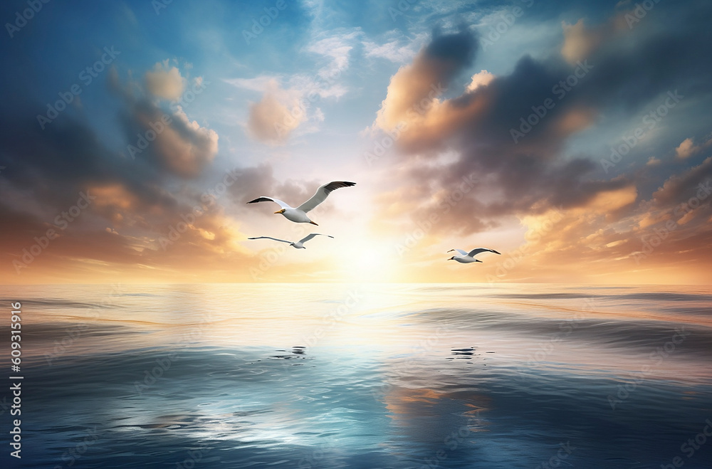 Naklejka premium Sky, sea and sunrise with seagulls flying