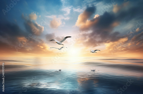 Sky, sea and sunrise with seagulls flying © Ravi Studio