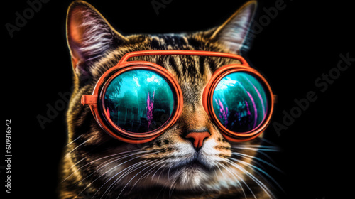portrait of a gorgeous stylish trendy modern cat animal in stylish glasses. Black backgorund. Creative portrait in iridescent neon colors  concept photo in neon lighting. AI generated.
