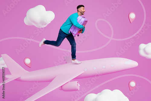 Creative 3d template collage image of hurrying happy guy running low cost flight isolated colorful pink background
