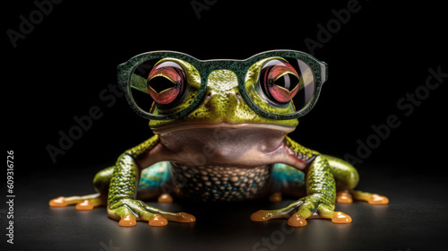 portrait of a gorgeous stylish trendy modern frog animal in stylish glasses. Black backgorund. Creative portrait in iridescent neon colors, concept photo in neon lighting. AI generated. © everigenia