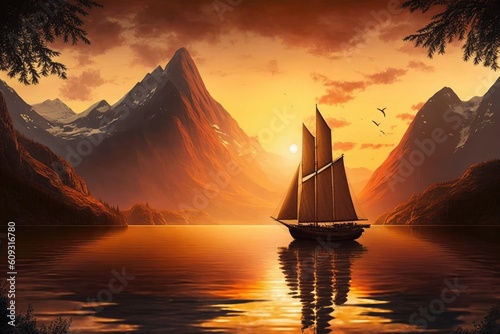 sunset sailboat with view of towering mountains, surrounded by the tranquility of nature, created with generative ai