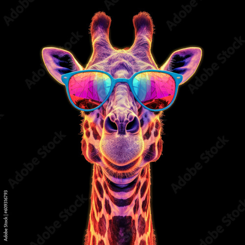 portrait of a gorgeous stylish trendy modern giraffe animal in stylish glasses. Black backgorund. Creative portrait in iridescent neon colors, concept photo in neon lighting. AI generated.