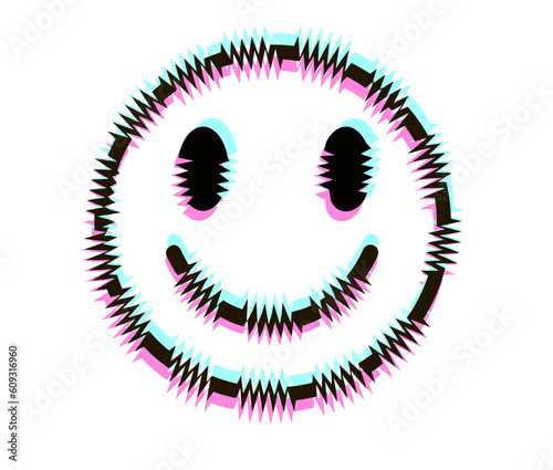 Smile face. Abstract neon glitch. Modern distorted glitch style illustration. RGB-shift effect. Vector trendy cartoon character. Smile, techno print for t-shirt, poster concept