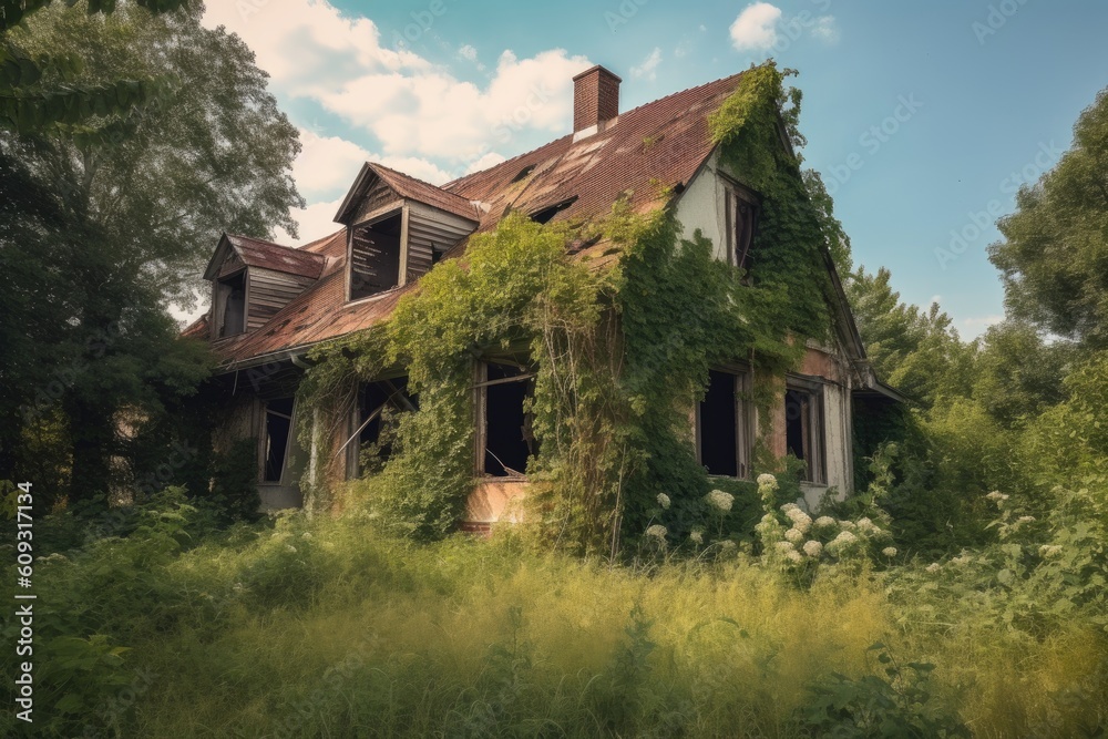 abandoned house with the remains of a once-thriving garden, now overgrown and forgotten, created with generative ai