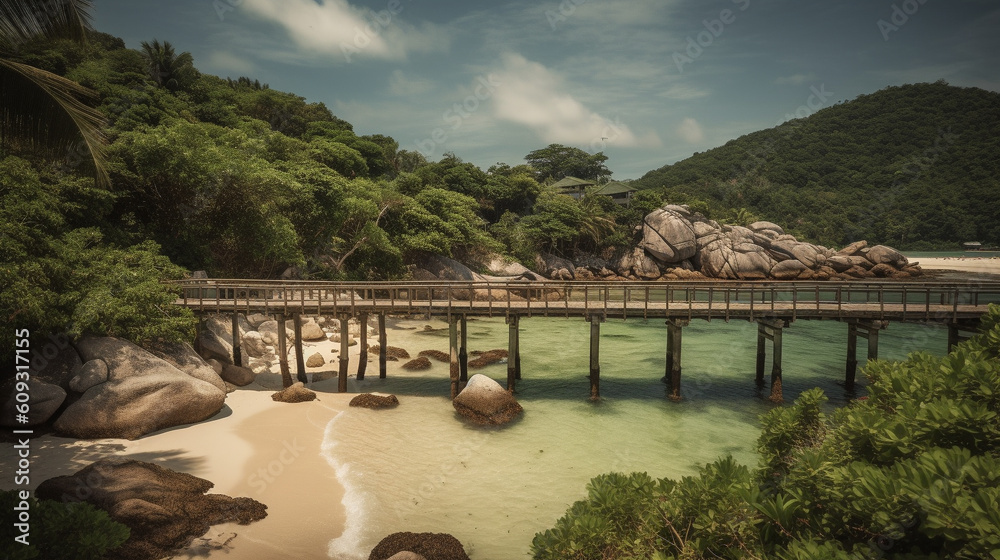 Old wooden bridge at tropical sea. Generative AI