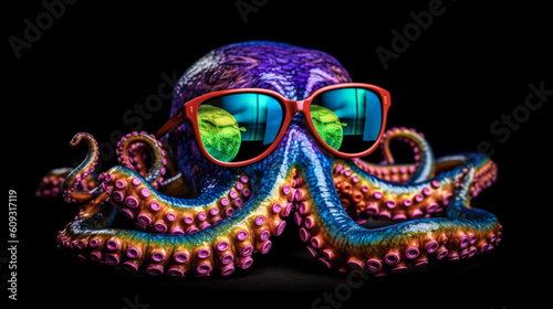 portrait of a gorgeous stylish trendy modern octopus animal in stylish glasses. Black backgorund. Creative portrait in iridescent neon colors, concept photo in neon lighting. AI generated.