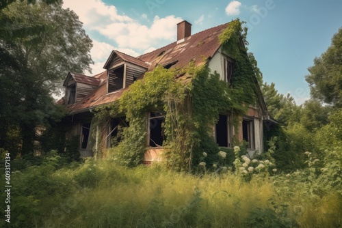 abandoned house with the remains of a once-thriving garden, now overgrown and forgotten, created with generative ai