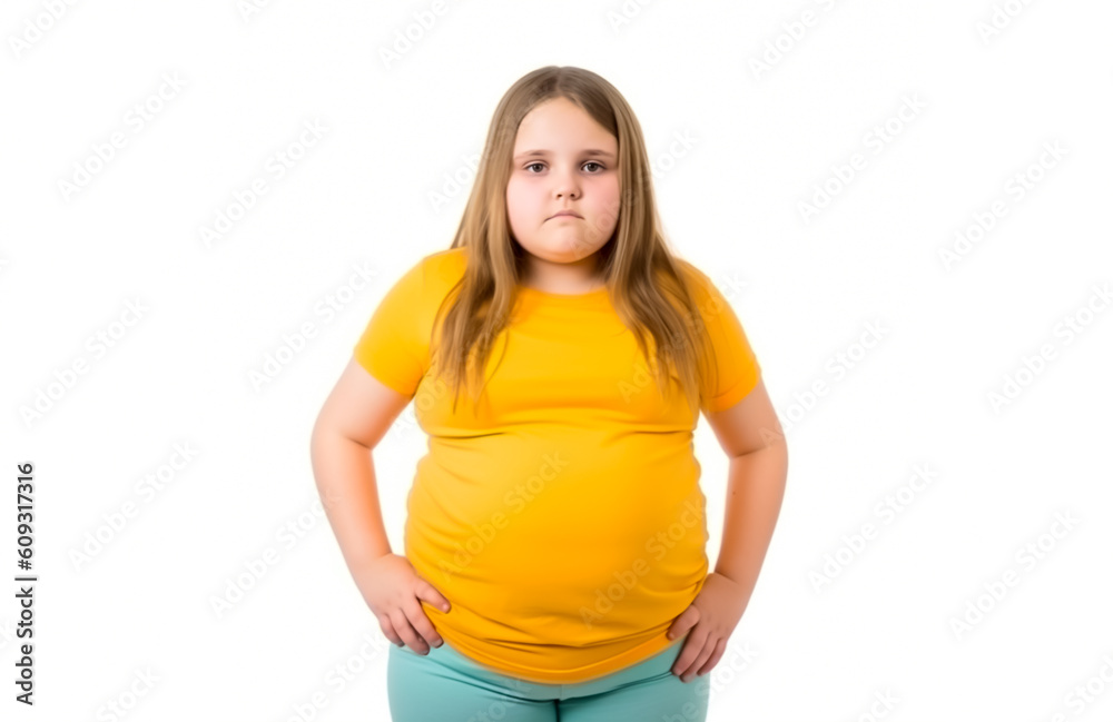 Obese of overweight girl or child, posing on full figure, isolated on a white background. Shallow field of view, Illustrative generative AI. not a real person. Obese of overweight girl or child, posing on full figure, isolated on a white background. Shallow field of view, Illustrative generative AI. not a real person.