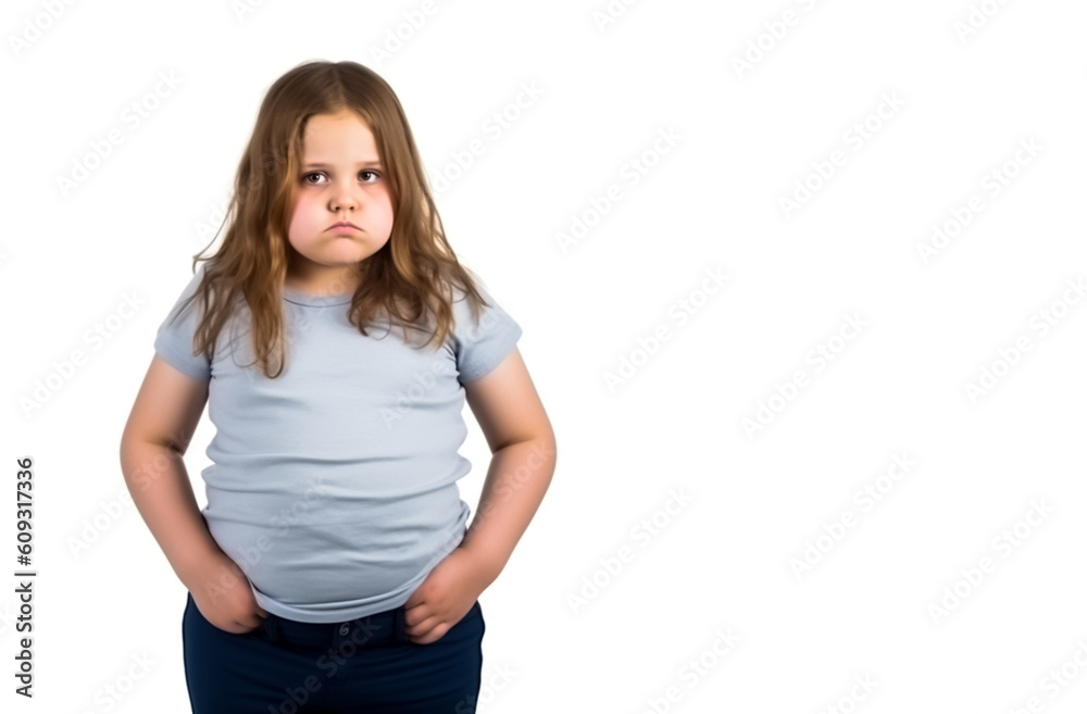 Obese of overweight girl or child, posing on full figure, isolated on a white background. Shallow field of view, Illustrative generative AI. not a real person. Obese of overweight girl or child, posing on full figure, isolated on a white background. Shallow field of view, Illustrative generative AI. not a real person.