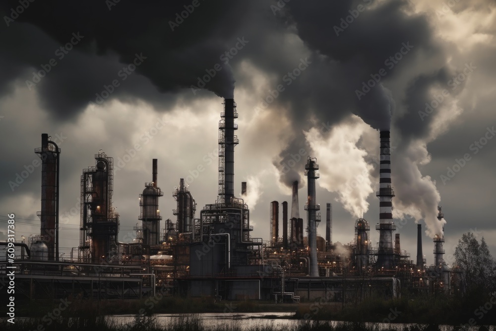 refinery, with smoke and steam billowing from its chimneys, created with generative ai