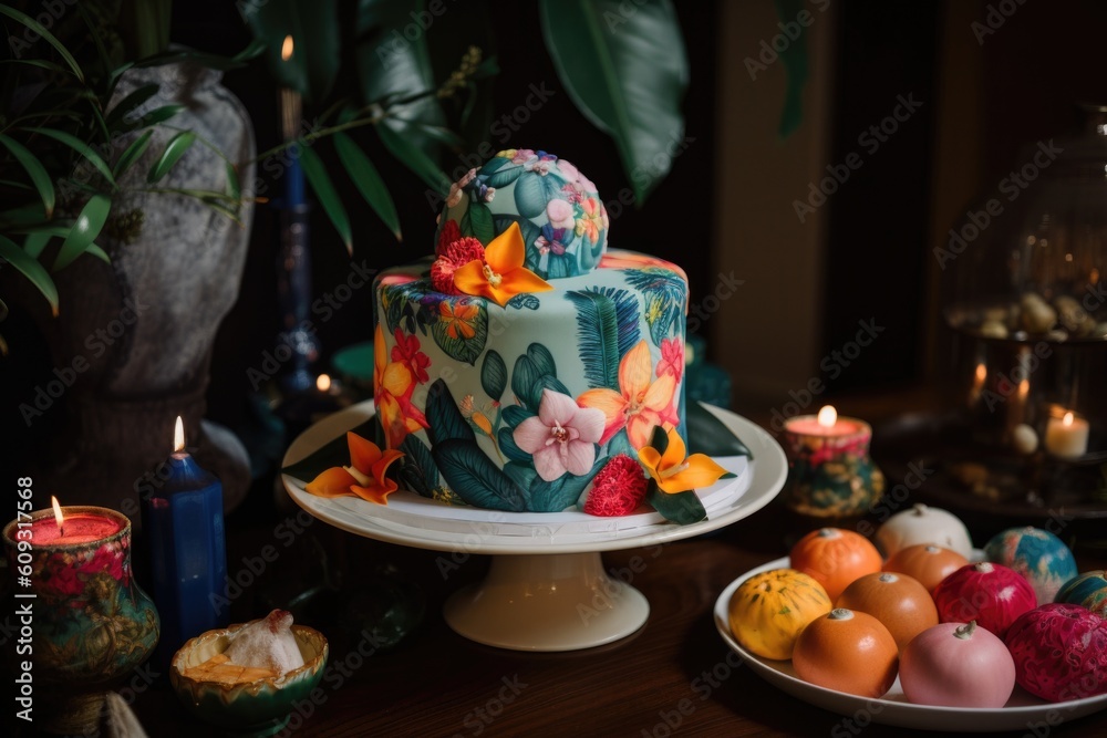 decorative cake with pops of color and tropical pattern, created with generative ai