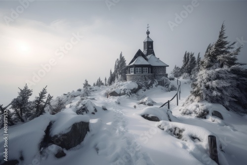 peaceful mountain chapel surrounded by snow and ice, created with generative ai © Alfazet Chronicles