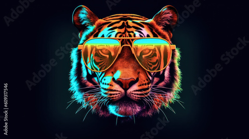 portrait of a gorgeous stylish trendy modern tiger animal in stylish glasses. Black backgorund. Creative portrait in iridescent neon colors, concept photo in neon lighting. AI generated.
