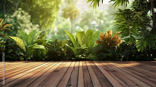Empty wooden terrace with green wall 3d render  There are wood plank floor with tropical style tree garden background sunlight shine on the tree. Generative Ai.