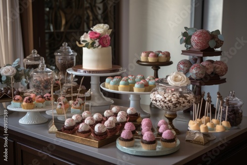 decorative cake bar with mini cakes, cupcakes, and cake pops, created with generative ai