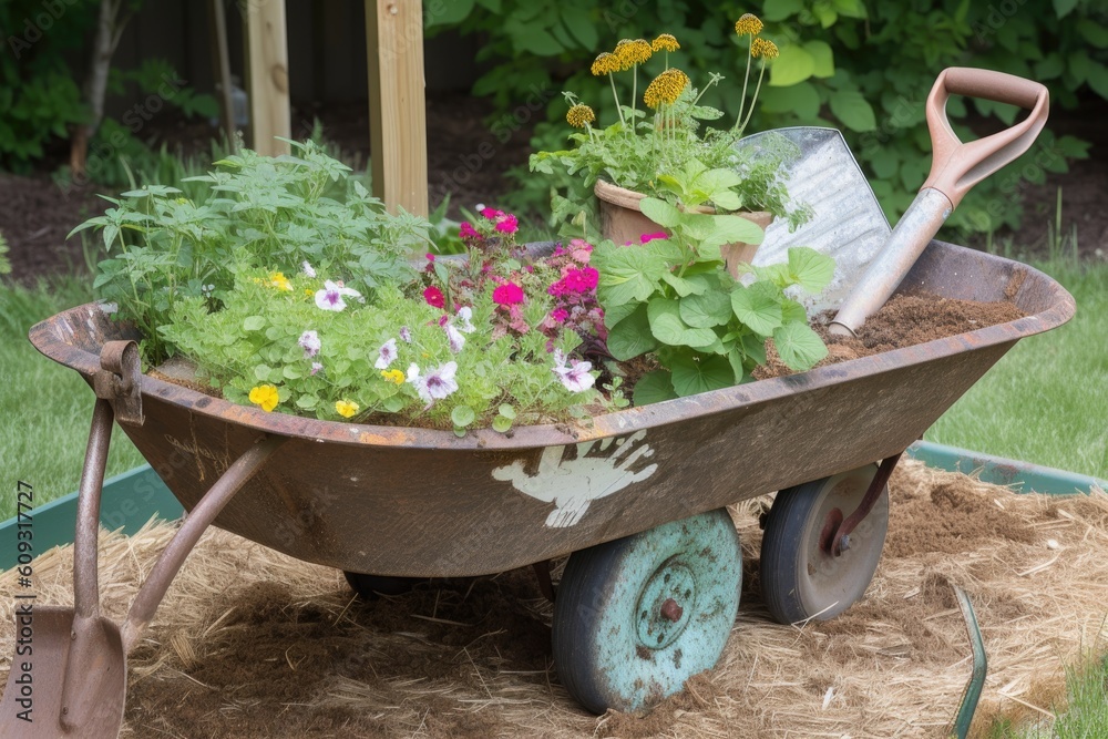 a diy project to transform a rusty wheelbarrow into a garden tool organizer, created with generative ai