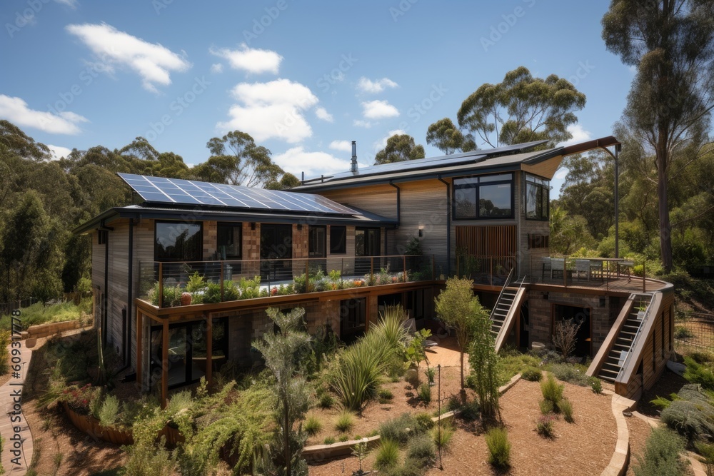 eco-friendly home with solar panels and rainwater harvesting system ...