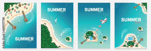 Aerial view of tropical beach and islands. Summer travel. Motor boats, seagulls, bungalows, sun loungers and palm trees on a tropical beach by the sea. Set of vector illustration in flat style.