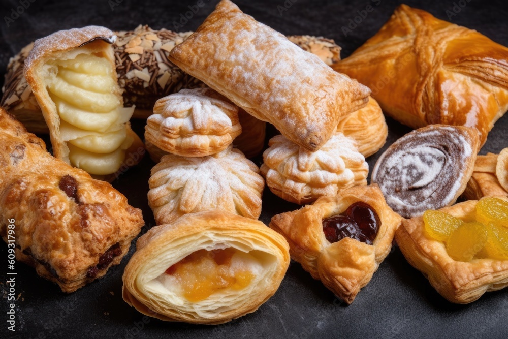 variety of flaky puff pastries and turnovers, each with unique fillings, created with generative ai variety of flaky puff pastries and turnovers, each with unique fillings, created with generative ai